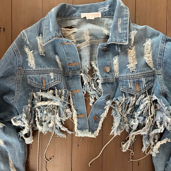 Hot and Delicious Cropped Jean Jacket with Rhinestones - Picture 1 of 11